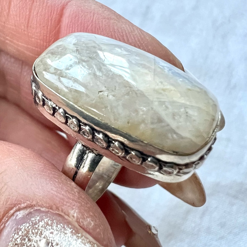 925 *flaw* Blue Flash PEACH MOONSTONE Ring 7.5 - Picture 10 of 12